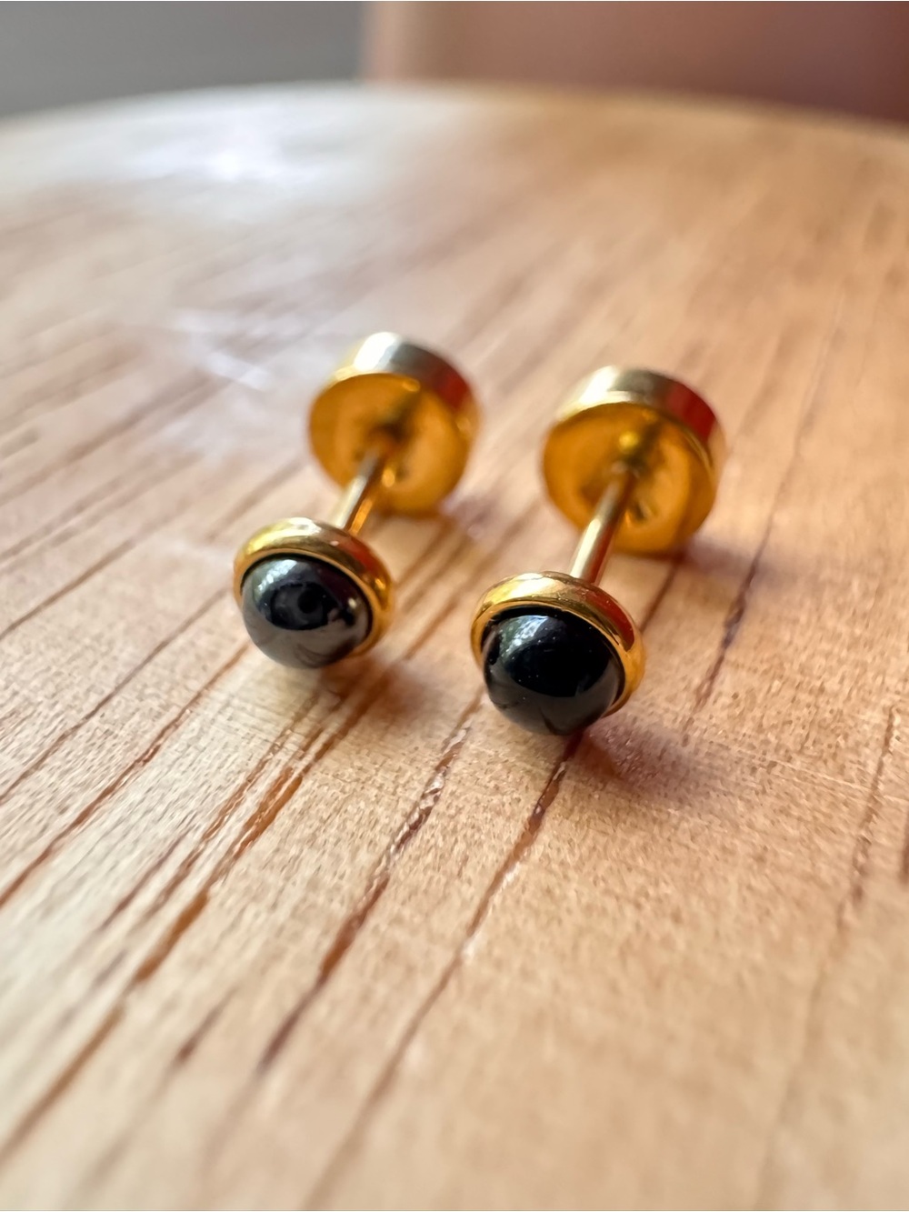 Gold Tone Black Stone Stud Earrings